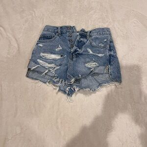 PacSun Distressed High-Rise Denim Cutoff Shorts - Medium Blue